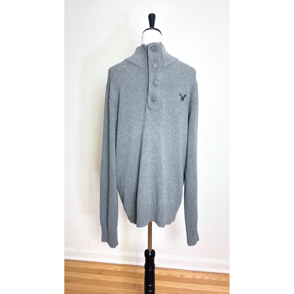 Y2k American Eagle Grey Knit Mock Neck Classic Fit Sweater Size Large Cotton